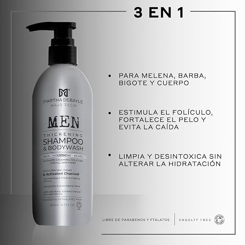 MARTHA DEBAYLE 3 en 1. Shampoo y gel de baño para cabello, barba y cuerpo. Con extractos de grano de café y carbón activado. Sin parabenos y ftalatos. 450 ml