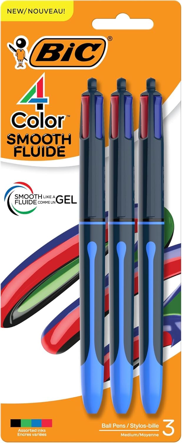 BIC - Bolígrafo retráctil de 4 colores, punta de 1,0 mm para un flujo de tinta suave, paquete de 3 unidades en varios colores de tinta