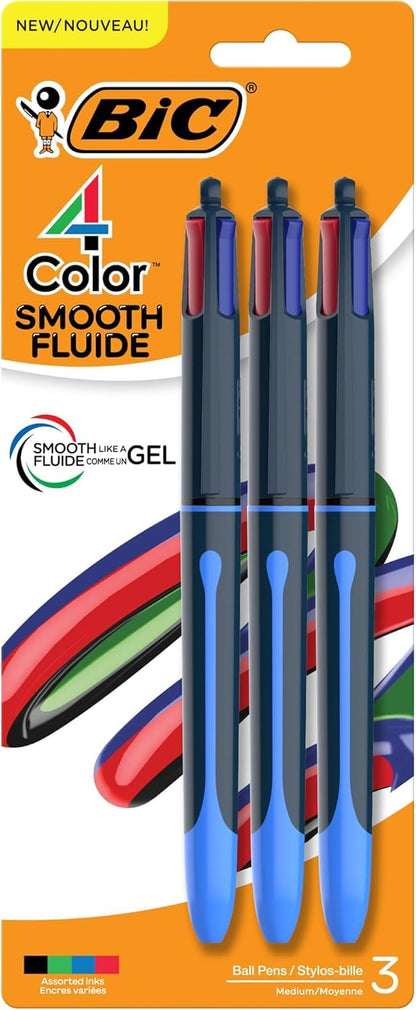 BIC - Bolígrafo retráctil de 4 colores, punta de 1,0 mm para un flujo de tinta suave, paquete de 3 unidades en varios colores de tinta