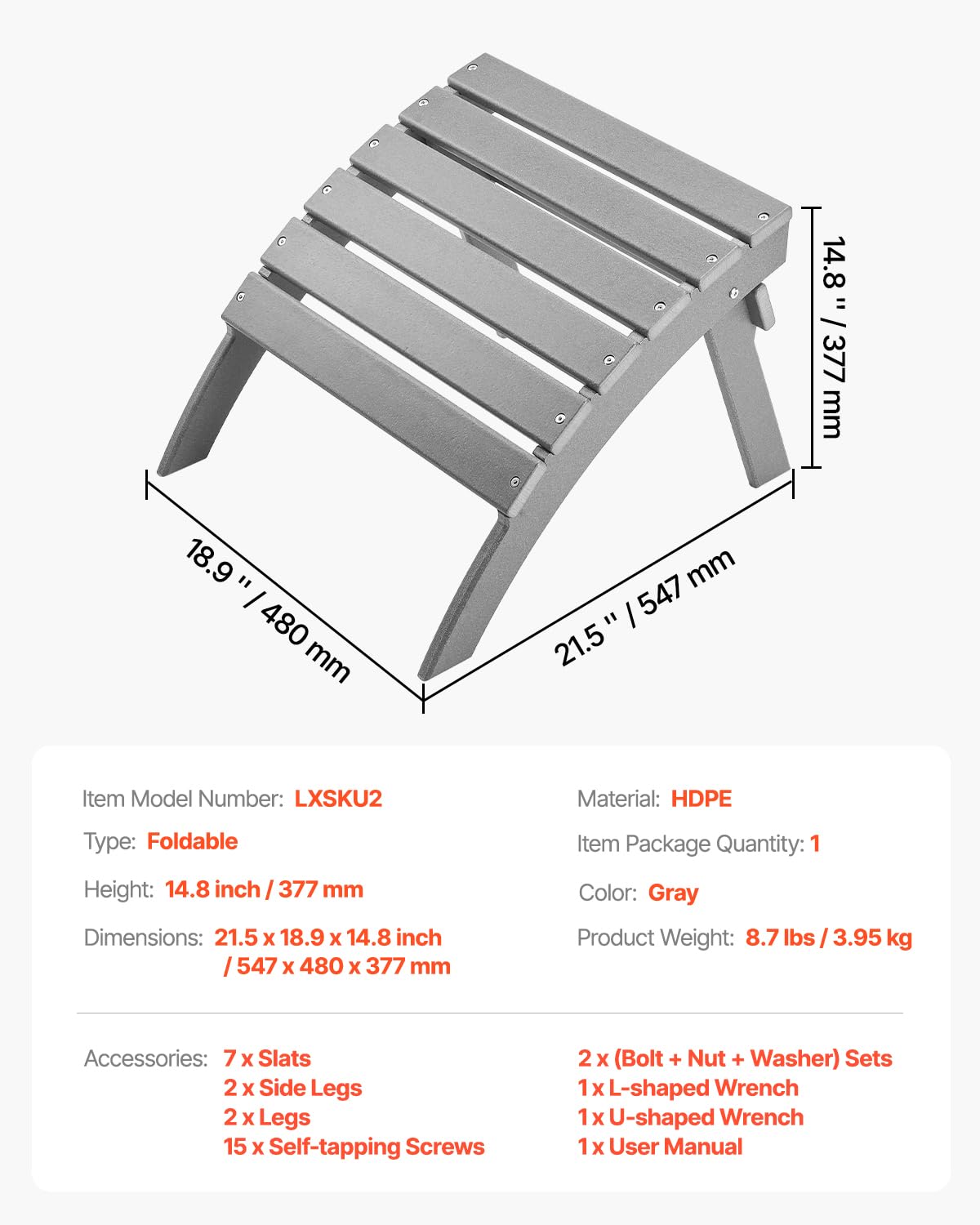 VEVOR - otomana Adirondack Adirondack, 21.5 pulgadas de largo x 18.9 pulgadas de ancho x 14.8 pulgadas de alto, otomana Adirondack plegable, resistente a la intemperie para silla Adirondack,