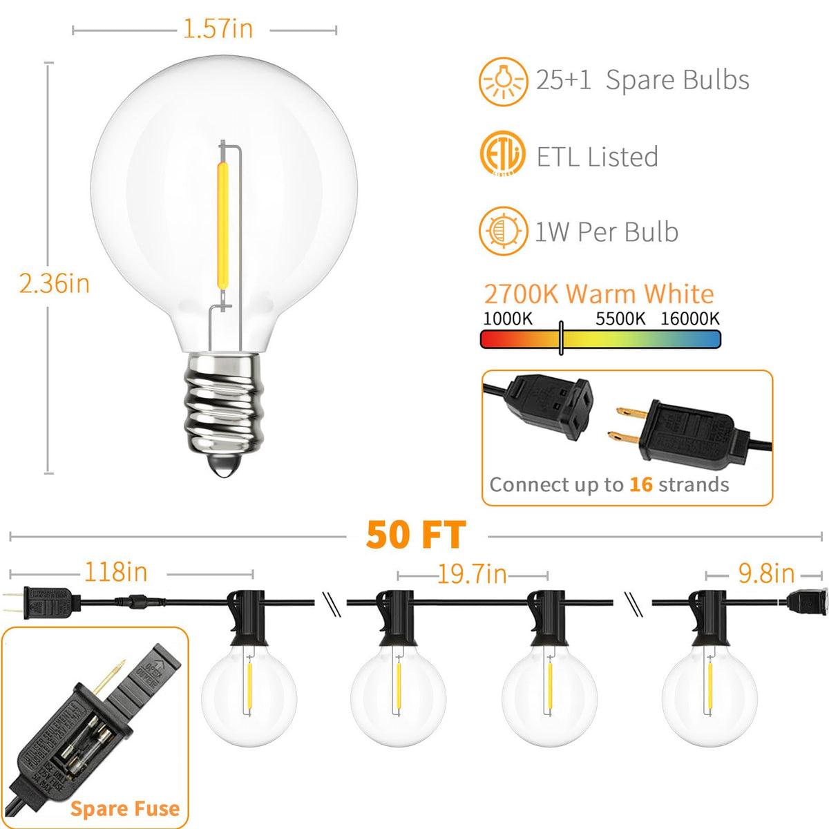 Svater Guirnalda de Luces Exterior 15M con 25 bombillas de plástico G40, IP44 impermeable 2700 K blanco cálido, luces de patio para cafetería, bistro, fiesta de pérgola