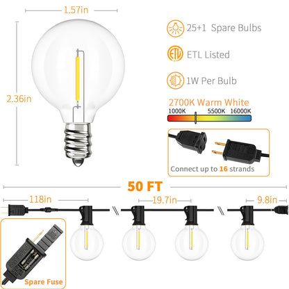 Svater Guirnalda de Luces Exterior 15M con 25 bombillas de plástico G40, IP44 impermeable 2700 K blanco cálido, luces de patio para cafetería, bistro, fiesta de pérgola