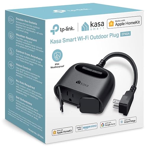 Kasa Apple HomeKit - Enchufe inteligente para exteriores, 2 enchufes, resistencia a la intemperie IP64 para luces de cadena para exteriores, compatible con Siri, Alexa y Google Home, largo alcance