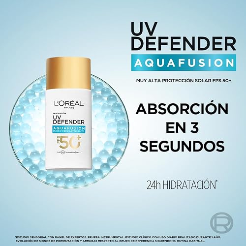 L'Oréal Paris UV Defender Aquafusion Protector Solar Diario FPS50+, Protector Solar Aqua-Gel, Previene Manchas Solares y Arrugas, Absorción Rápida en 3 Segundos, 50ml.