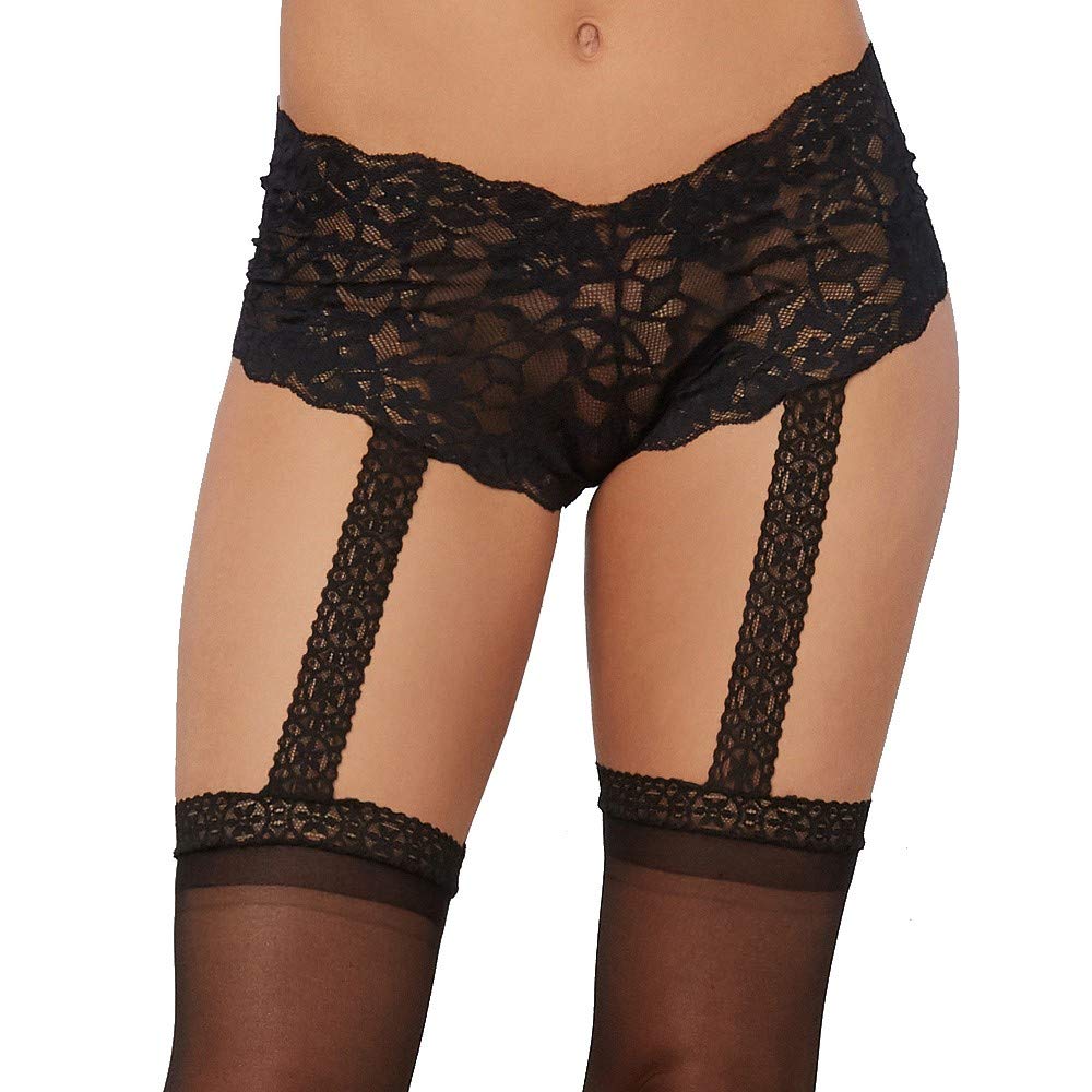 Dreamgirl Women's Lace Short Garter Belt with Attached Sheer Thigh-High Stockings