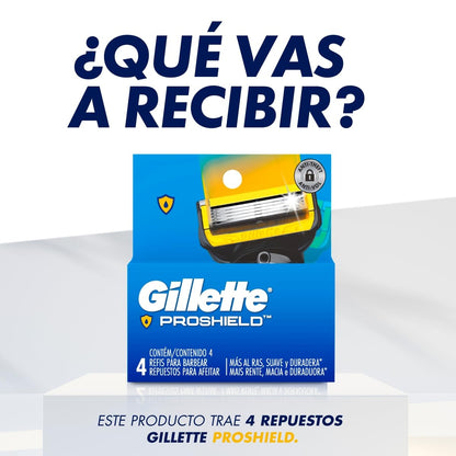 GILLETTE Proshield, Cartucho de Rastrillo para Afeitar, 4 Repuestos con 5 Hojas para Rasurar la Barba, Afeitado Más al Ras, Rastrillo para Hombre