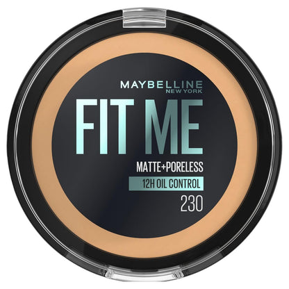 Maybelline Base de Maquillaje en Polvo Fit Me, 230 Nat Buff, 12 gr, matifica y controla brillo por 16h, minimiza la apariencia de poros, iguala el tono y la textura de la piel