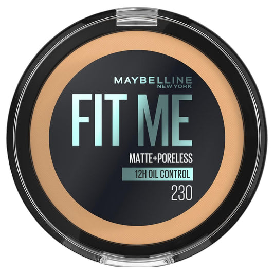 Maybelline Base de Maquillaje en Polvo Fit Me, 230 Nat Buff, 12 gr, matifica y controla brillo por 16h, minimiza la apariencia de poros, iguala el tono y la textura de la piel