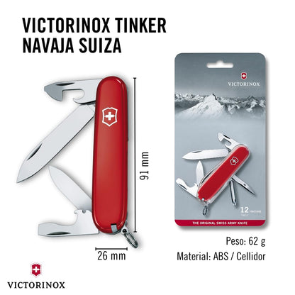 Victorinox Navaja Tinker, Roja, 13 Usos | Cuchillo de bolsillo EDC con destornillador Phillips, hoja de 59 mm, abrelatas y abrebotellas. Fabricado en Suiza
