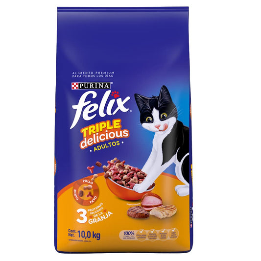 Purina Felix Adulto Triple Delicious Granja Pollo/Pavo/Carne 10Kg