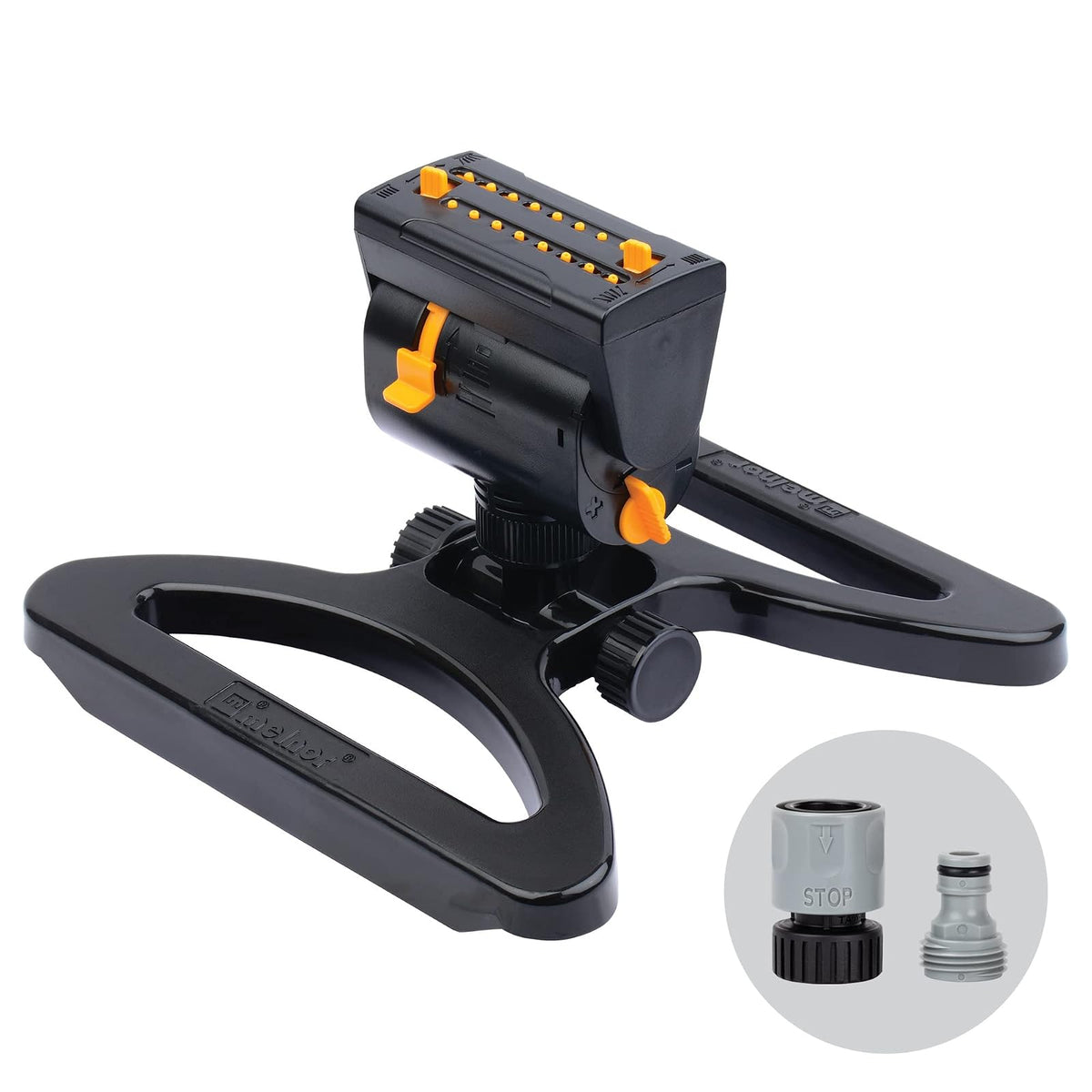 Melnor 65131AMZ MiniMax Turbo rociador oscilador, 4000 sq. Pies, 4 vías Ajustable, Paquete de conexión rápida, Negro, Amarillo