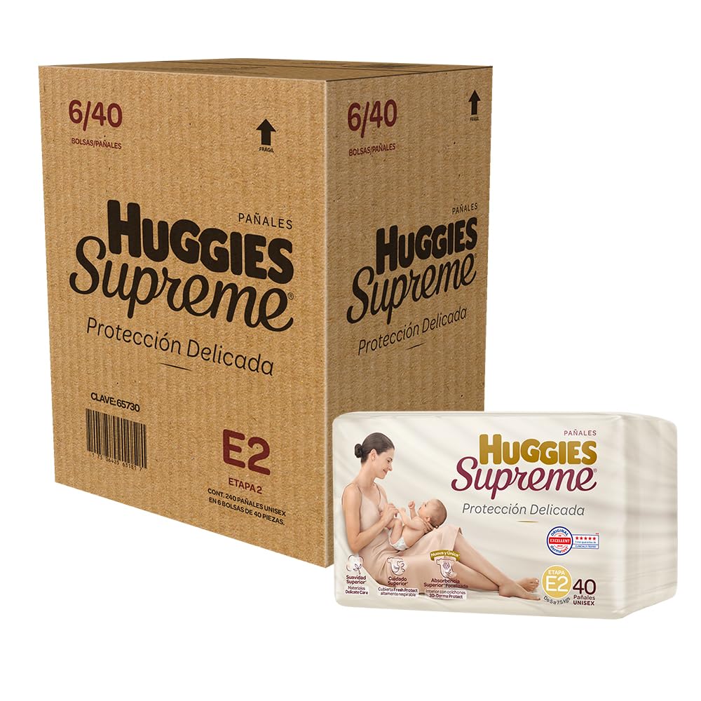 Huggies Supreme Pañales Desechables para Bebé de 5 a 7.5 kg, Etapa 2, Unisex - 6 Bolsas x 40 Pañales, Total: 240 Pañales