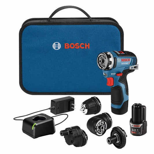BOSCH GSR12V-300FCB22 Sistema de taladro/driver 5 en 1 sin escobillas de 12V Max EC con (2) baterías de 2 Ah