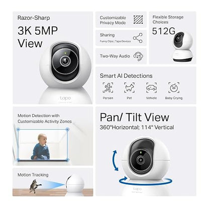 Tapo TP-Link TC74, Cámara de Seguridad Interior 5MP, Detección Avanzada por IA (Personas/Mascotas/Vehículos/Llanto de Bebés), Visión Nocturna, Compatible con Alexa y Google Assistant