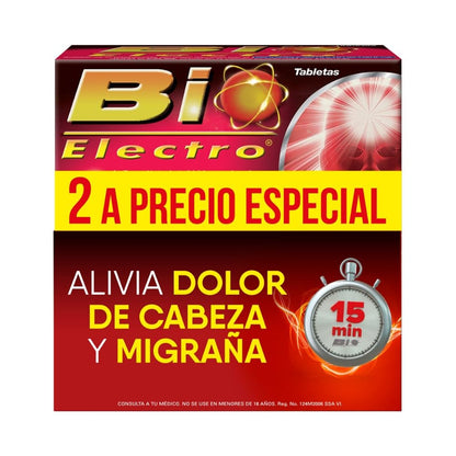 PACK BIO ELECTRO. Auxiliar en el tratamiento de DOLOR de cabeza y MIGRAÑA. Paracetamol 250mg, Ácido Acetilsalicílico 250mg, Cafeína 65mg. 2 cajas con 24 tabletas.