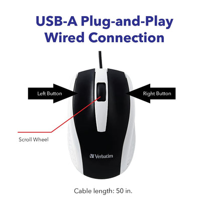 Verbatim Mouse óptico con Cable para computadora portátil – Blanco
