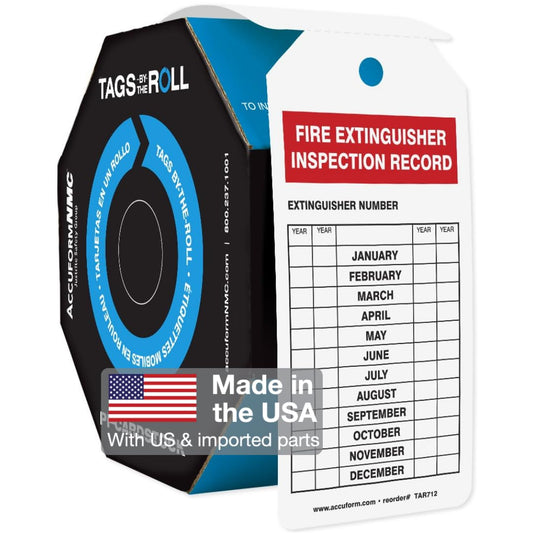 Accuform Signs Tags By-The-Roll - Etiquetas para extintor de incendios, leyenda "To Use Fire Extincisher.../Fire EXTINGUISHER INSPECTION RECORD", 6.25 pulgadas de largo x 3 pulgadas de ancho x 0.010" de grosor, PF-Cardstock, rojo/negro sobre blanco, rojo/