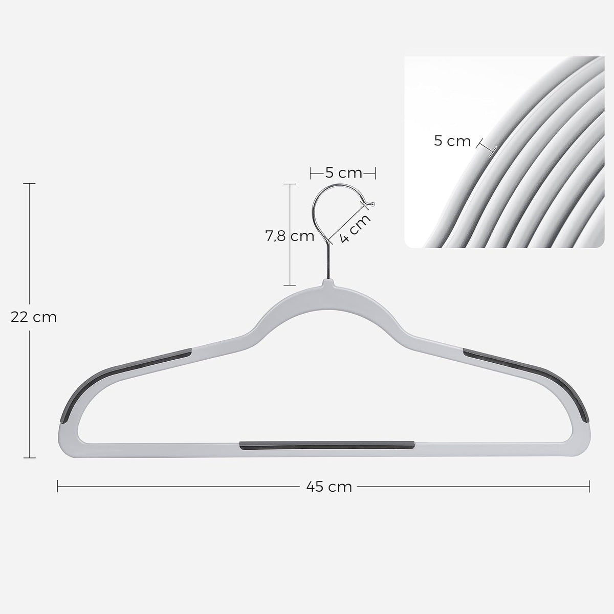 SONGMICS Perchas de Ropa, Juego de 50, Antideslizantes, Gancho Giratorio de 360°, Gris Claro y Gris Oscuro MCRF50G