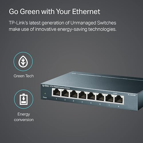 TP-Link Switch de Red Gigabit TL-SG108 - 8 Puertos RJ45 Gigabit - Carcasa Metálica - Plug and Play - QoS e IGMP Snooping - Ahorro de Energía