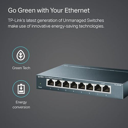 TP-Link Switch de Red Gigabit TL-SG108 - 8 Puertos RJ45 Gigabit - Carcasa Metálica - Plug and Play - QoS e IGMP Snooping - Ahorro de Energía