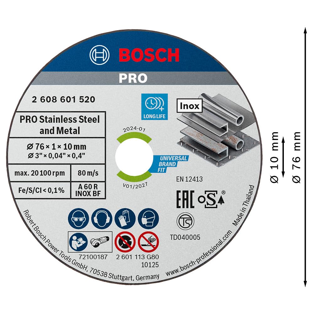 Bosch Discos de Corte Expert Centro Recto para Inox, Negro, 76 x 1 x 10 mm, 5 unidades