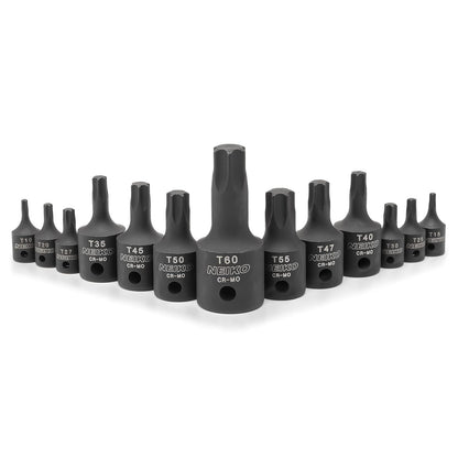 NEIKO 10281B - Juego de llaves de punta Torx de impacto de 1/4", 3/8" y 1/2", enchufes de estrella de 6 puntos, grado de impacto resistente Cr-Mo, T10 a T60 de alto impacto, juego de llaves mecánicas para automóviles y motocicletas de grado profesional
