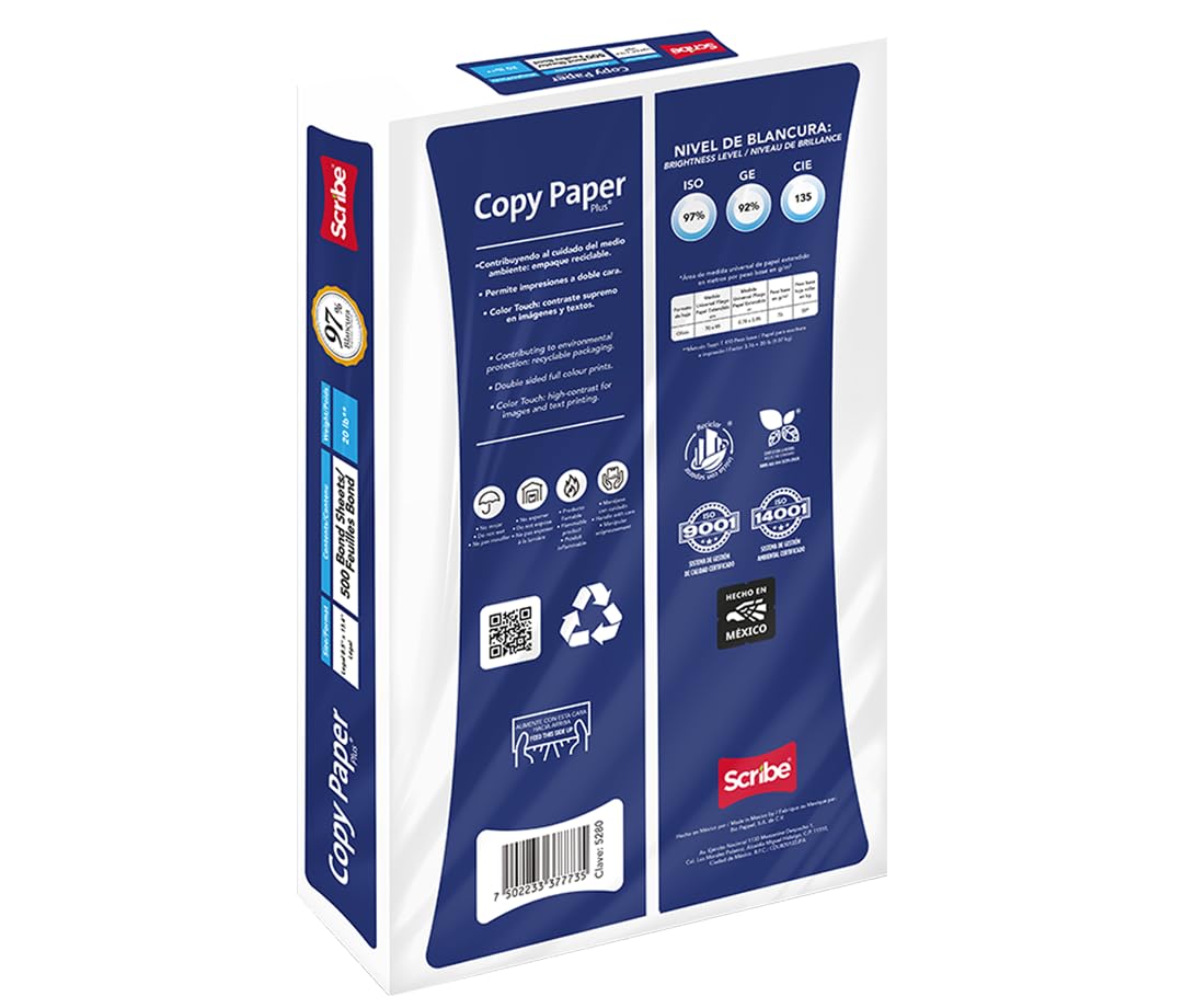 Scribe, Copy Paper Plus®, Papel Bond, Tamaño Carta, 75 g/m², Paquete 500 hojas, Color Blanco