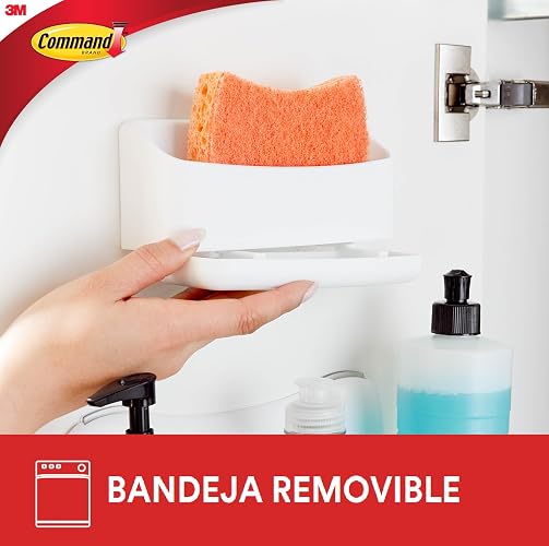 COMMAND 3M Sujeta Esponja de Cocina con Adhesivo Color Blanco 1 pieza | Organiza sin dañar superficies, No deja residuos, No requiere herramientas, Incluye esponja Scotch-Brite, Uso interior