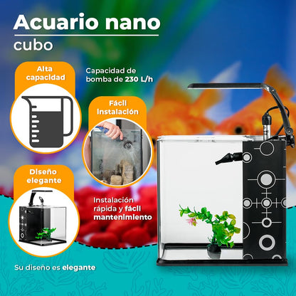 Lomas Acuario Nano Cubo 9 L con Filtro Incorporado, Lámpara LED Bajo Consumo y , Ideal para Peces Tropicales, Betas y Plantas Acuáticas, Medidas 20.5 x 23.5 x 22.5 cm
