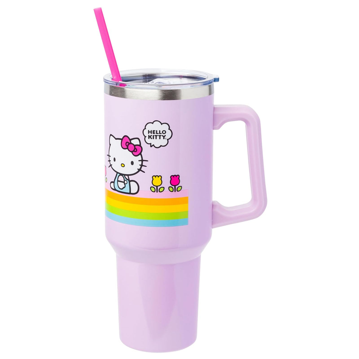 Silver Buffalo Vaso Térmico de Acero Inoxidable con Mango y Popote 40 oz - 40 Ounces - Hello Kitty Primavera y Verano