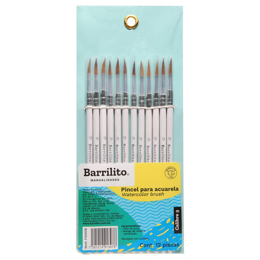 BARRILITO Pincel para Acuarela, Redondo, Mango de Madera, Calibre 9, Bolsa con 12 pzs. P30009