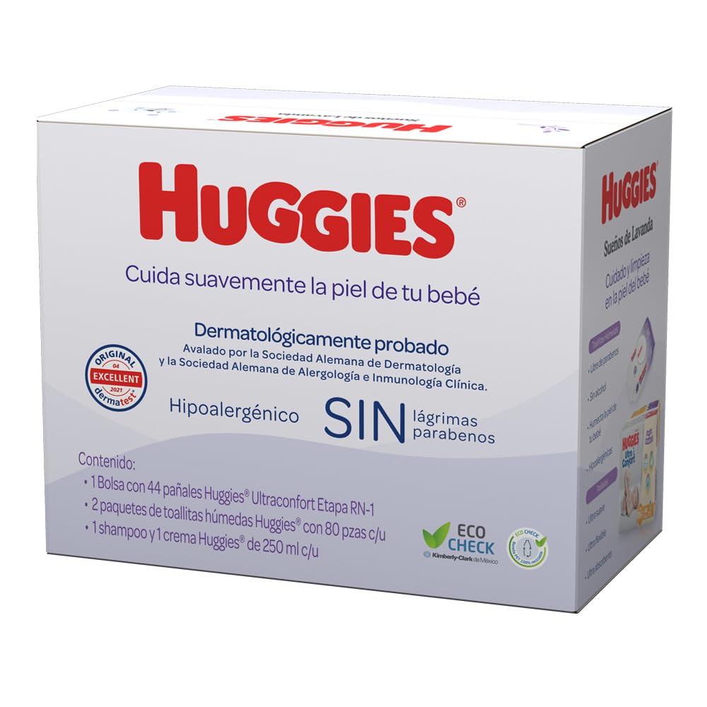 HUGGIES Baby Set Sueños de Lavanda, Caja con 1 Paquete de Huggies UltraConfort RN-1 de 44 pzs, 2 Paquetes Toallitas Húmedas Humectante 80’s, 1 Crema HUGGIES Lavanda 250ml y 1 Shampoo Lavanda 250ml