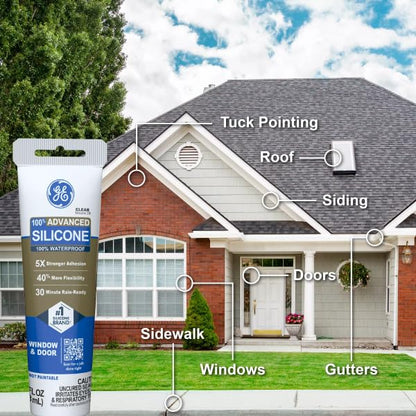 GE Advanced Calafaté de Silicona para Ventanas y Puertas | Blanco, 3.8 oz, tubo, 100% impermeable, 5 veces más fuerte, resistente a congelación