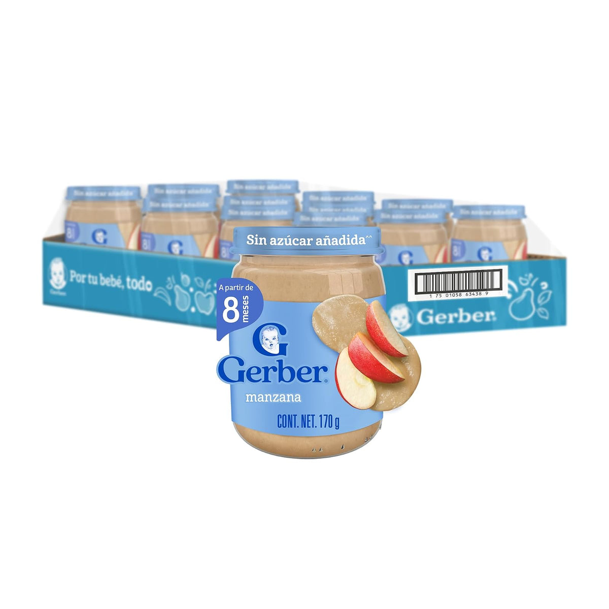 Gerber Papilla Etapa 3, A Partir de 8 Meses, Adicionado con Vitamina C, Manzana, Paquete de 12 Frascos de 170 g c/u