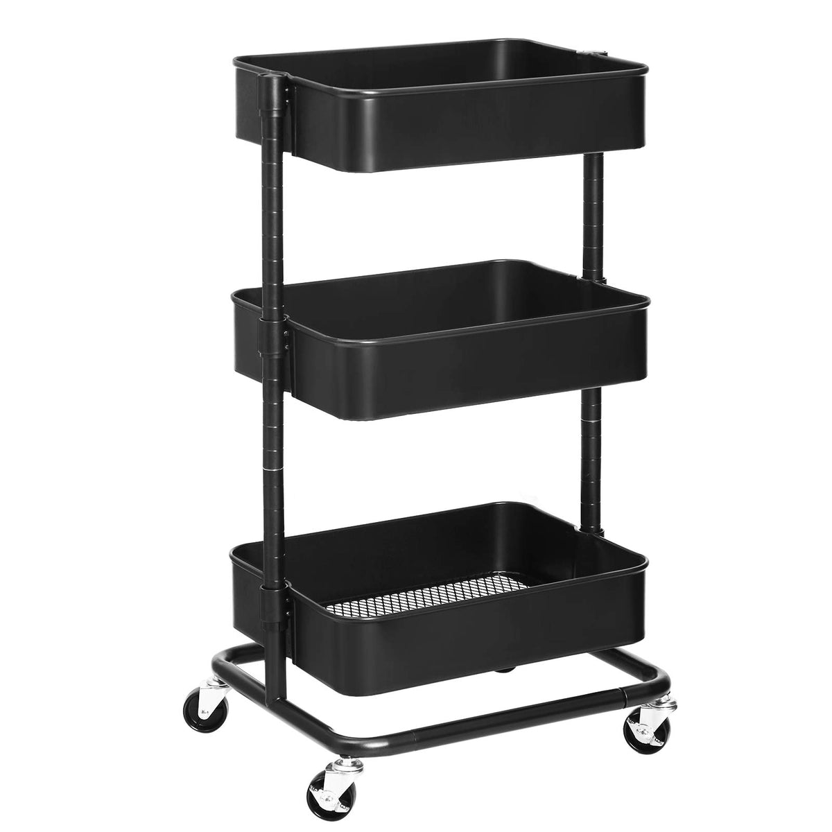 SONGMICS UBSC60B - Carrito de Metal de 3 Niveles, Carrito de Cocina con estantes Ajustables, Carrito de Almacenamiento con 2 Frenos, fácil Montaje, para Cocina, Oficina, baño, Color Negro