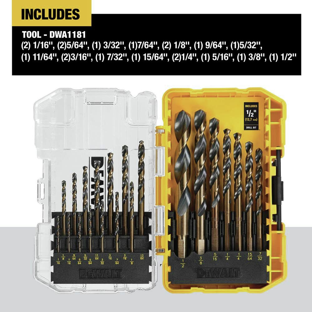 DEWALT - Juego de 21 Brocas, Punta de División de 135 Grados, Hélice de 31 Grados, Revestimiento de Óxido Negro, para Madera, Metal y Plástico (DWA1181)