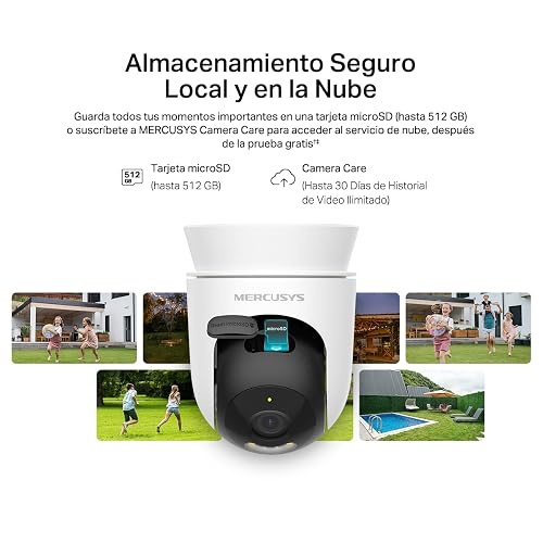 MERCUSYS MC510 Cámara de Seguridad WiFi Exterior - Resolución 2K - Cobertura 360° - Visión Nocturna a Color - Detección de Movimiento - Alarma de Luz y Sonido - 512GB - App Protección IP65