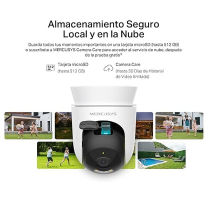 MERCUSYS MC510 Cámara de Seguridad WiFi Exterior - Resolución 2K - Cobertura 360° - Visión Nocturna a Color - Detección de Movimiento - Alarma de Luz y Sonido - 512GB - App Protección IP65