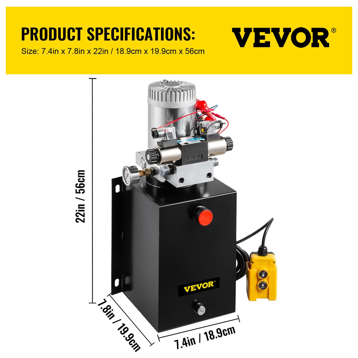 VEVOR Unidad de energía hidráulica Bomba hidráulica de remolque de descarga de 12 voltios Bomba hidráulica de doble acción de 12 cuartos Bomba de cilindro hidráulico eléctrico con manómetro de latón