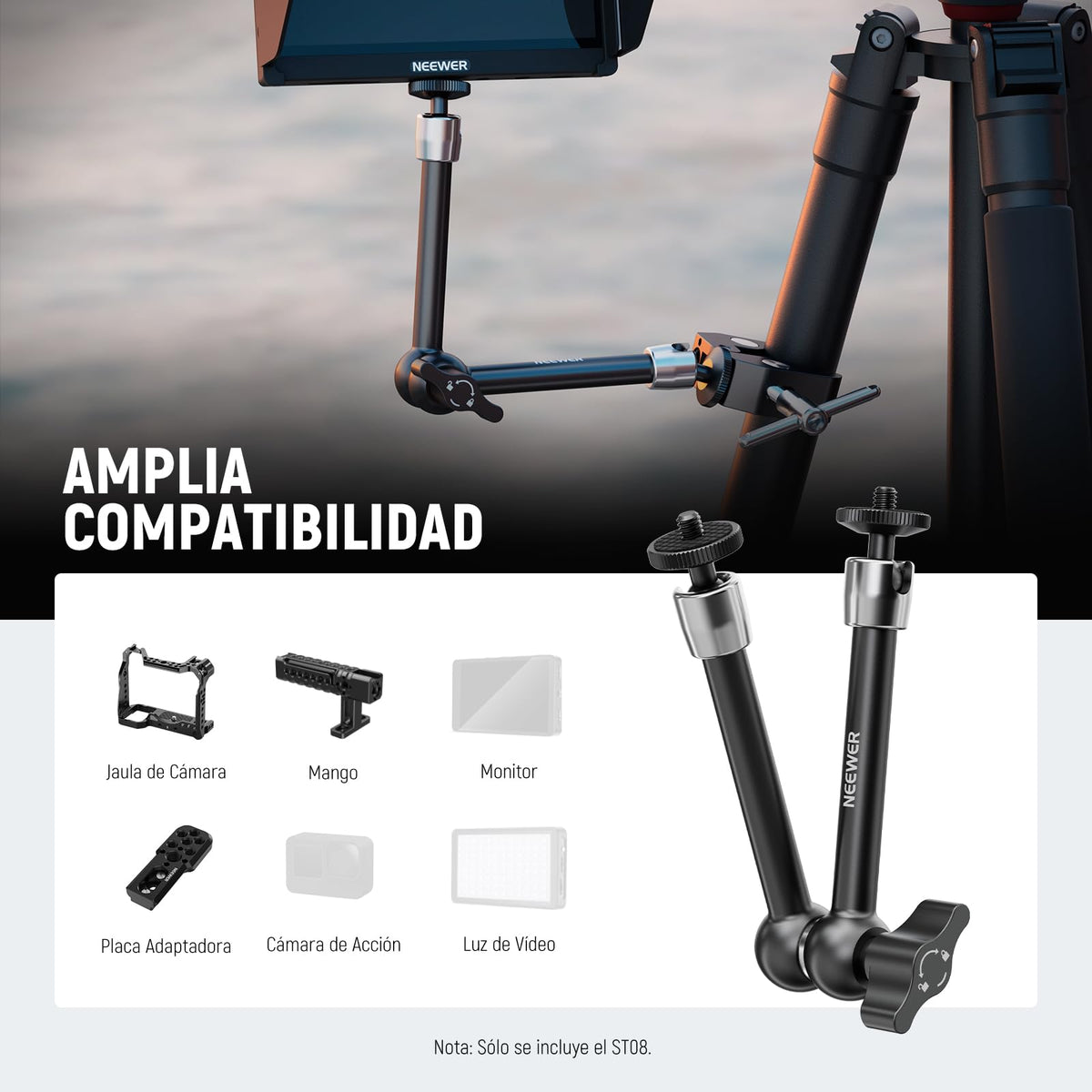 NEEWER Brazo Mágico 9,8"/25cm, Brazo Articulado de Fricción Aleación de Aluminio con Tornillos 1/4" y Cabezales de Bola 360° para Jaula de Cámara, Monitor, Luz Video LED, Flash, Cámara de Acción,ST08