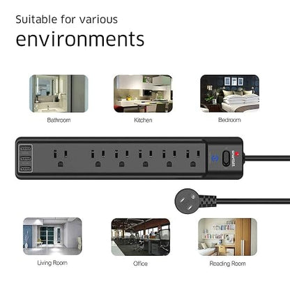 Smartbitt Supresor de Picos de Voltaje - Protector contra sobretensiones, 6 Contactos y 3 Puertos USB Tipo A