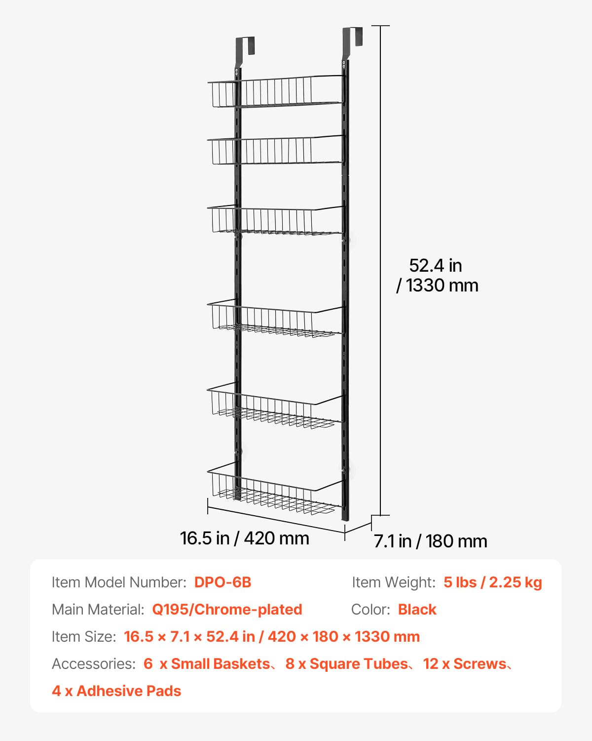 VEVOR Estante de Almacenamiento para Colgar Puerta 6 Niveles Organizador de despensa para puerta 42 x 18 x 133 cm Estante de Especias Colgante de Acero para Hogar, Cocina, Lavadero, Baño, Negro