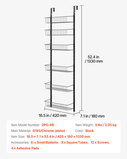 VEVOR Estante de Almacenamiento para Colgar Puerta 6 Niveles Organizador de despensa para puerta 42 x 18 x 133 cm Estante de Especias Colgante de Acero para Hogar, Cocina, Lavadero, Baño, Negro