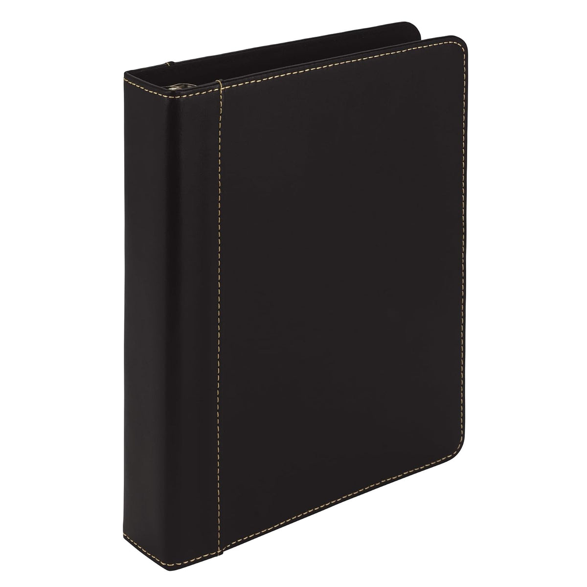 Samsill Carpeta de 3 anillas tamaño junior de 1 pulgada, piel, negro con costuras en contraste, capacidad para papel de 8.5 x 5.5 pulgadas, 3 anillos, carpeta de cuadernos, organizador de portafolios,