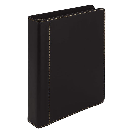 Samsill Carpeta de 3 anillas tamaño junior de 1 pulgada, piel, negro con costuras en contraste, capacidad para papel de 8.5 x 5.5 pulgadas, 3 anillos, carpeta de cuadernos, organizador de portafolios,