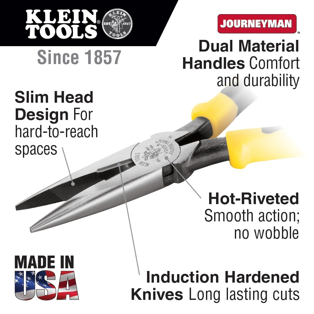 Klein Tools J203-8 Journeyman(TM) Long-Nose Pliers, HD Side Cutters, 8-5/16"
