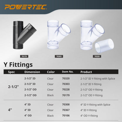 POWERTEC 70106 4-Inch Y-Fitting Dust Hose Connector