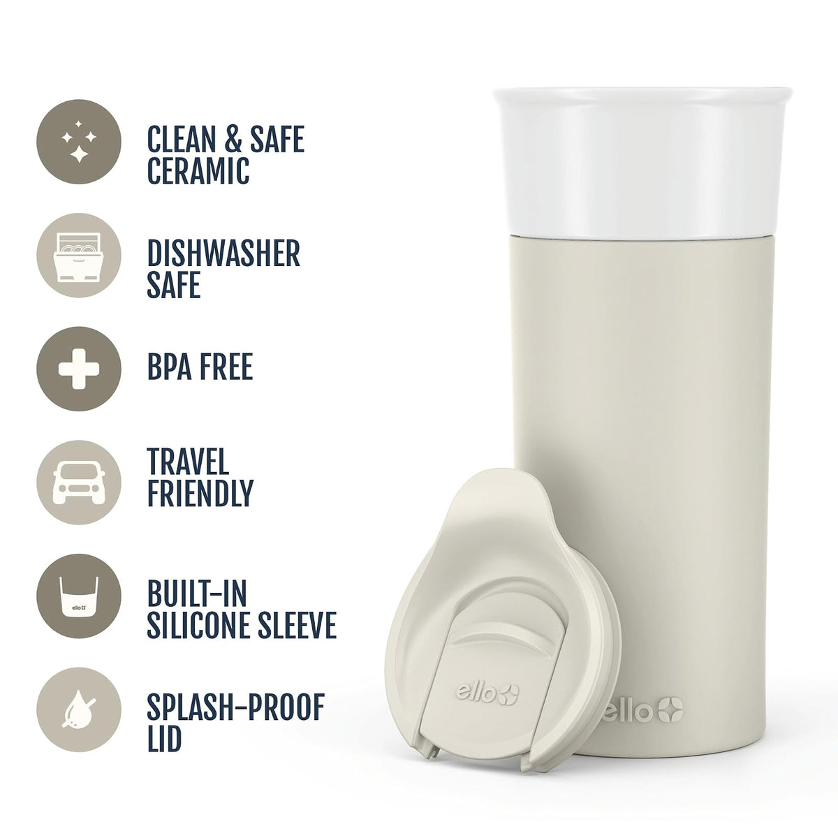 Ello Ogden - Taza de viaje de cerámica de 16 onzas con tapa deslizante resistente a salpicaduras y funda protectora de silicona, perfecta para café o té, sin BPA, apta para lavaplatos, mineral