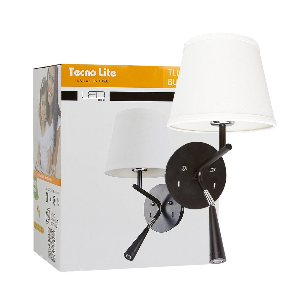 Tecnolite - Lámpara de Pared con luz de Lectura LED 1.5 W, Máx. 60 W, Base E27, Luz Cálida Brillante, Puertos USB para dispositivos, Sobreponer