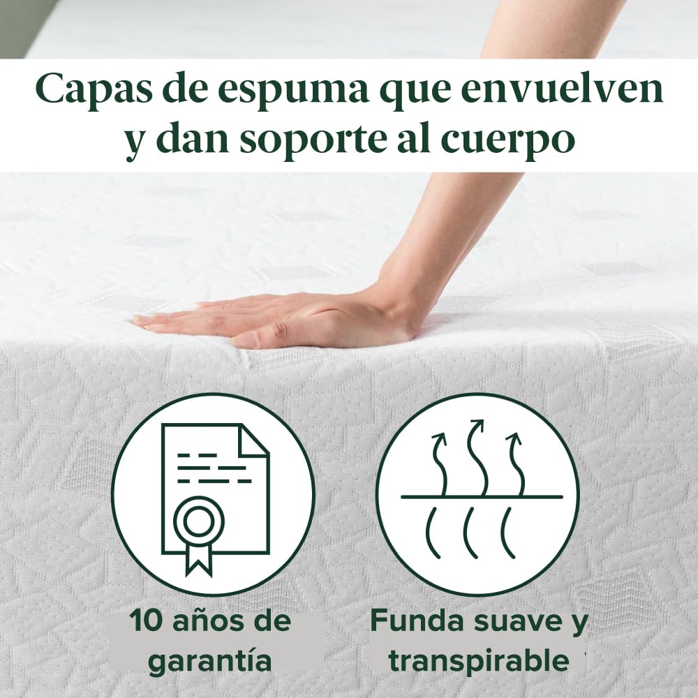 Zinus Comfort | Colchón Individual de Memory Foam de 25 cm de Grosor con Gel Refrescante y con Esencia de Té Verde | Garantía de 10 años